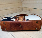 Floral Tooled Buckstitch Cowhide Tote Bag