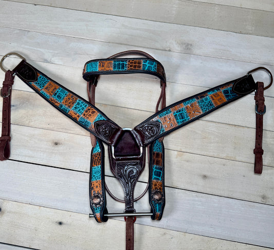 Gator and Turquoise Dark Leather Tack Set