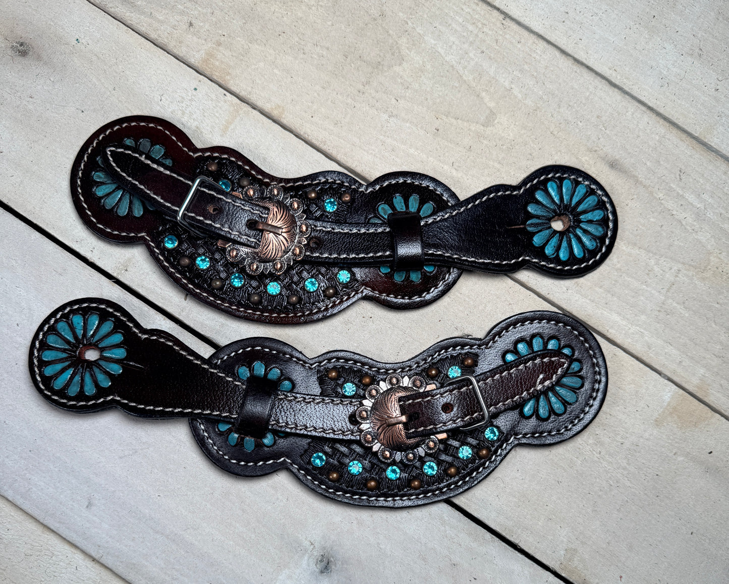 Turquoise Crystal Dark Leather Spur Straps