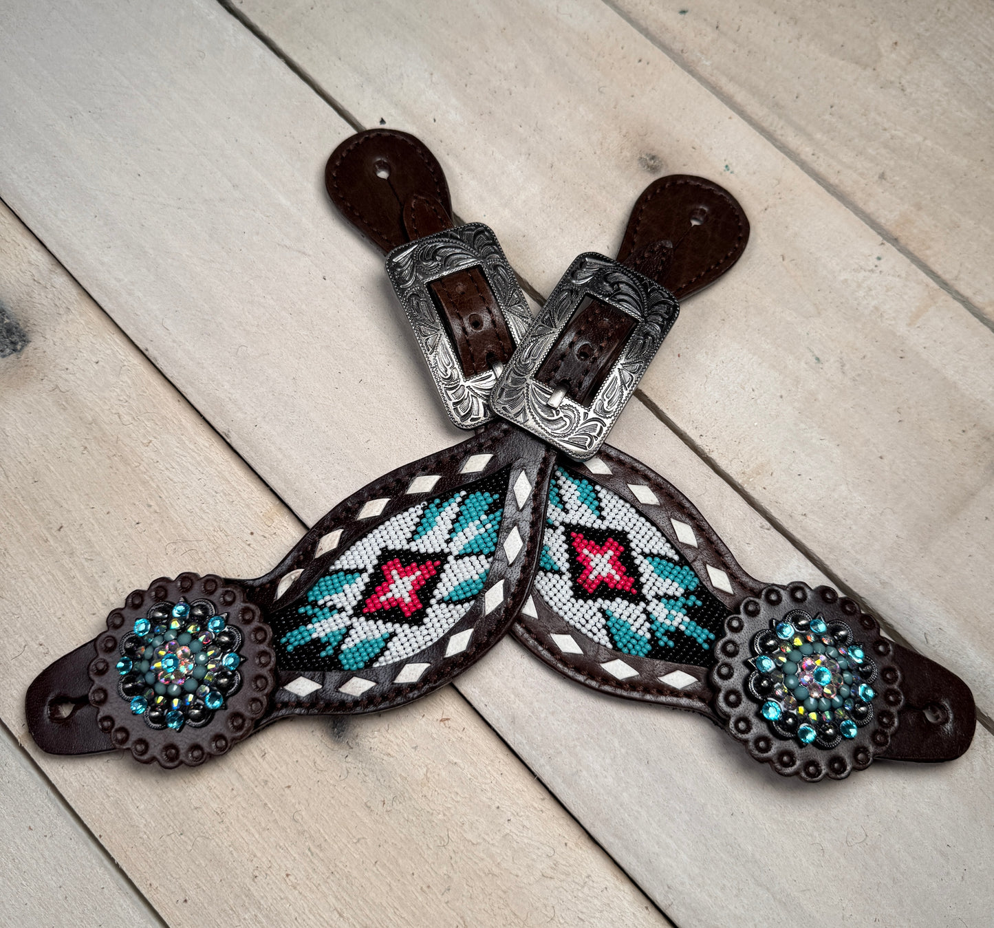 Teal and Pink Beaded Aztec Spur Straps
