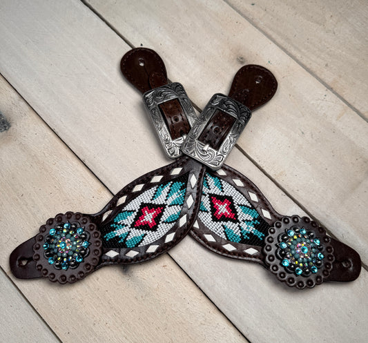 Teal and Pink Beaded Aztec Spur Straps