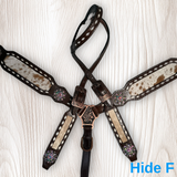 Cowhide on Dark Leather Tack Set with Buckstitch and Crystal Conchos