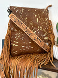 SALE! Tan Cowhide Crossbody Bag with Gold Splatter & Tan Fringe