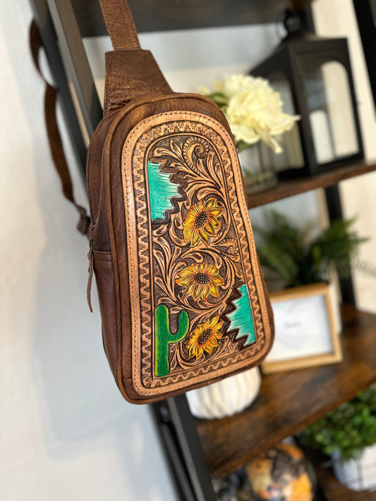 Leather Tooled Aztec Sunflower Cactus Western Sling Bag