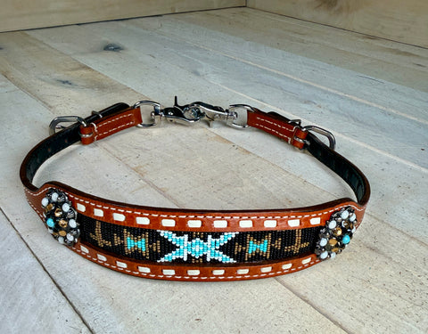 Gold Cross and Teal Beaded Wither Strap