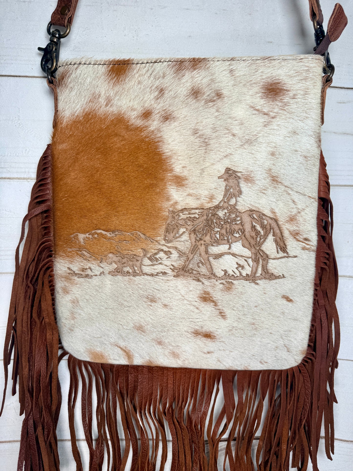 Rancher Branded Large Crossbody Bag with Leather Fringe