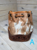 Ranchers Hide & Leather Tooled Band Bucket Handbag