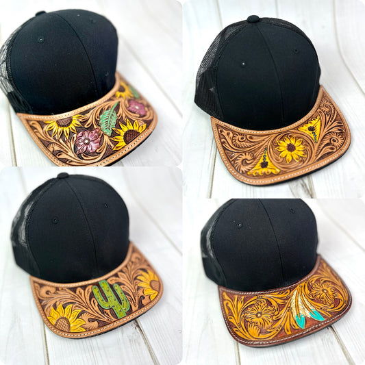 Western Tooled Leather Brim Snapback Trucker Style Hats