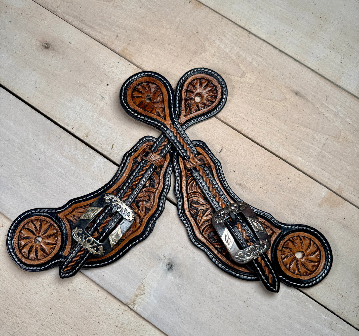 Dark Two Tone Leather Silver Concho Spur Strap