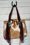 Cowhide Turquoise Stone Whipstitch Handbag