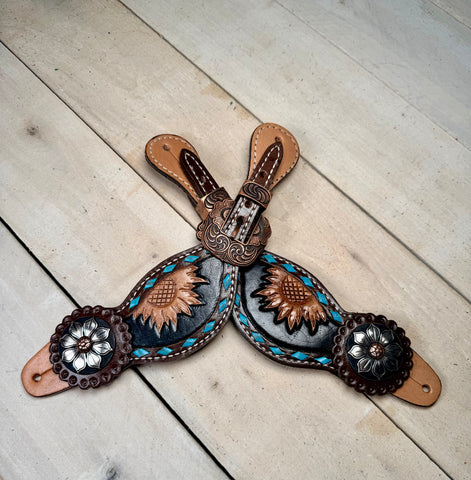 Turquoise Buckstitch Sunflower Concho spur Strap