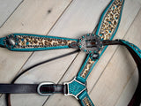 Teal Rhinestone Cheetah/Leopard Tack Set Dark Leather