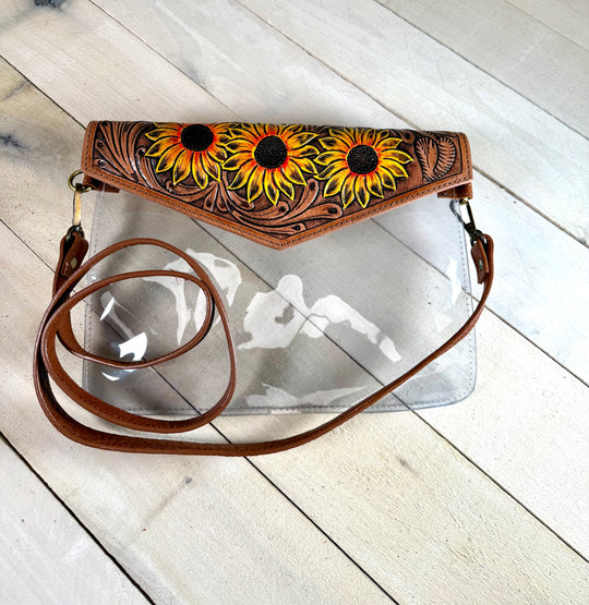 Clear Leather Tooled Painted Sunflower Bag