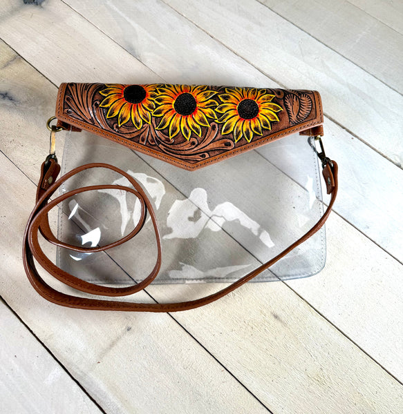 Clear Leather Tooled Painted Sunflower Bag