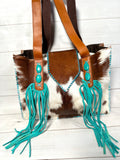 Cowgirl Brown Cowhide Turquoise Suede Fringe Tote