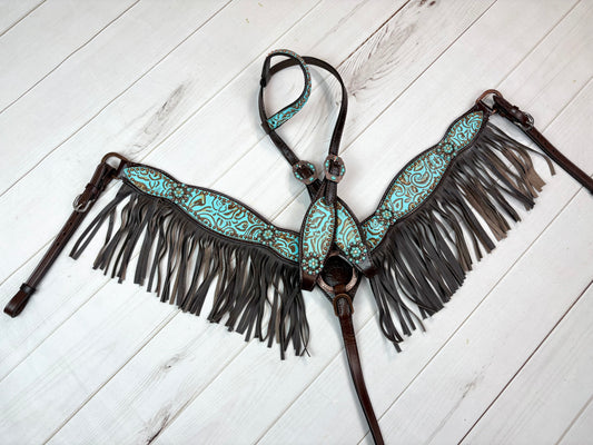 Turquoise Filigree Brown Leather Fringe Tack Set