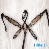 Cowhide on Dark Leather Tack Set with Buckstitch and Crystal Conchos