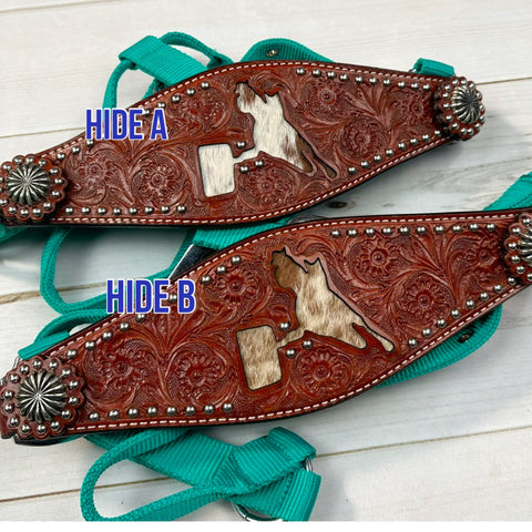 Showman Floral Tooled Bronc Halter With Barrel Racer Design - Adjustable Horse Halter In Multiple Colors