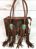 Cowhide and Leather Turquoise Concho Arm Tote