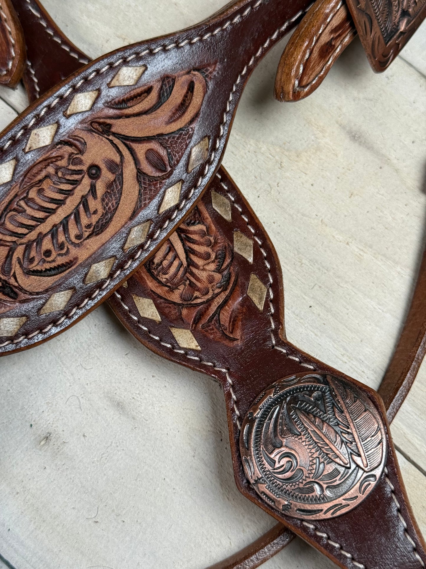 Leather Tooled Feather and Concho Buckstitch Tack Set