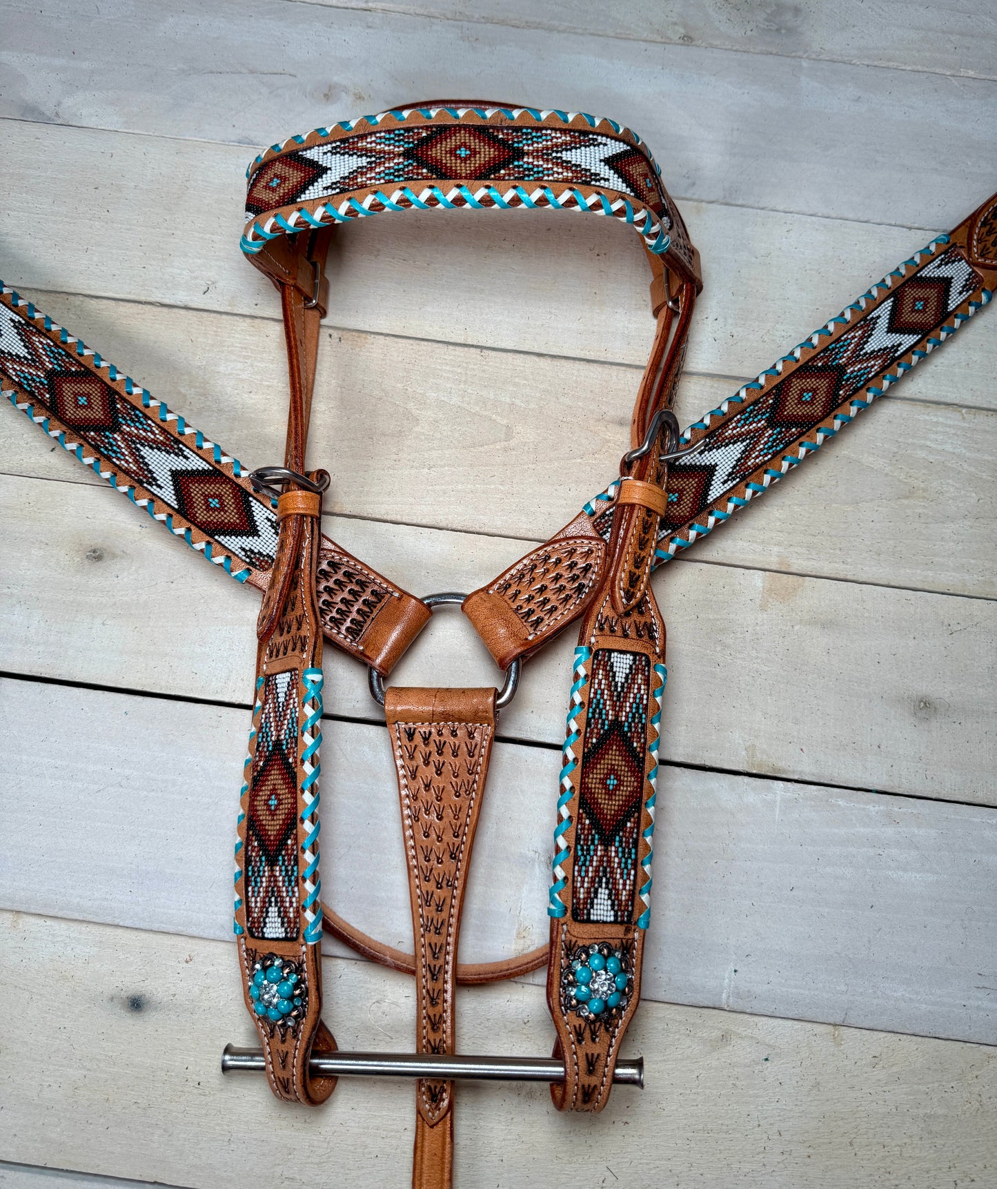 Teal and White Whipstitch Beaded Tack Set