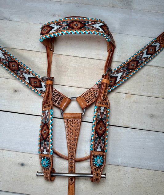 Teal and White Whipstitch Beaded Tack Set