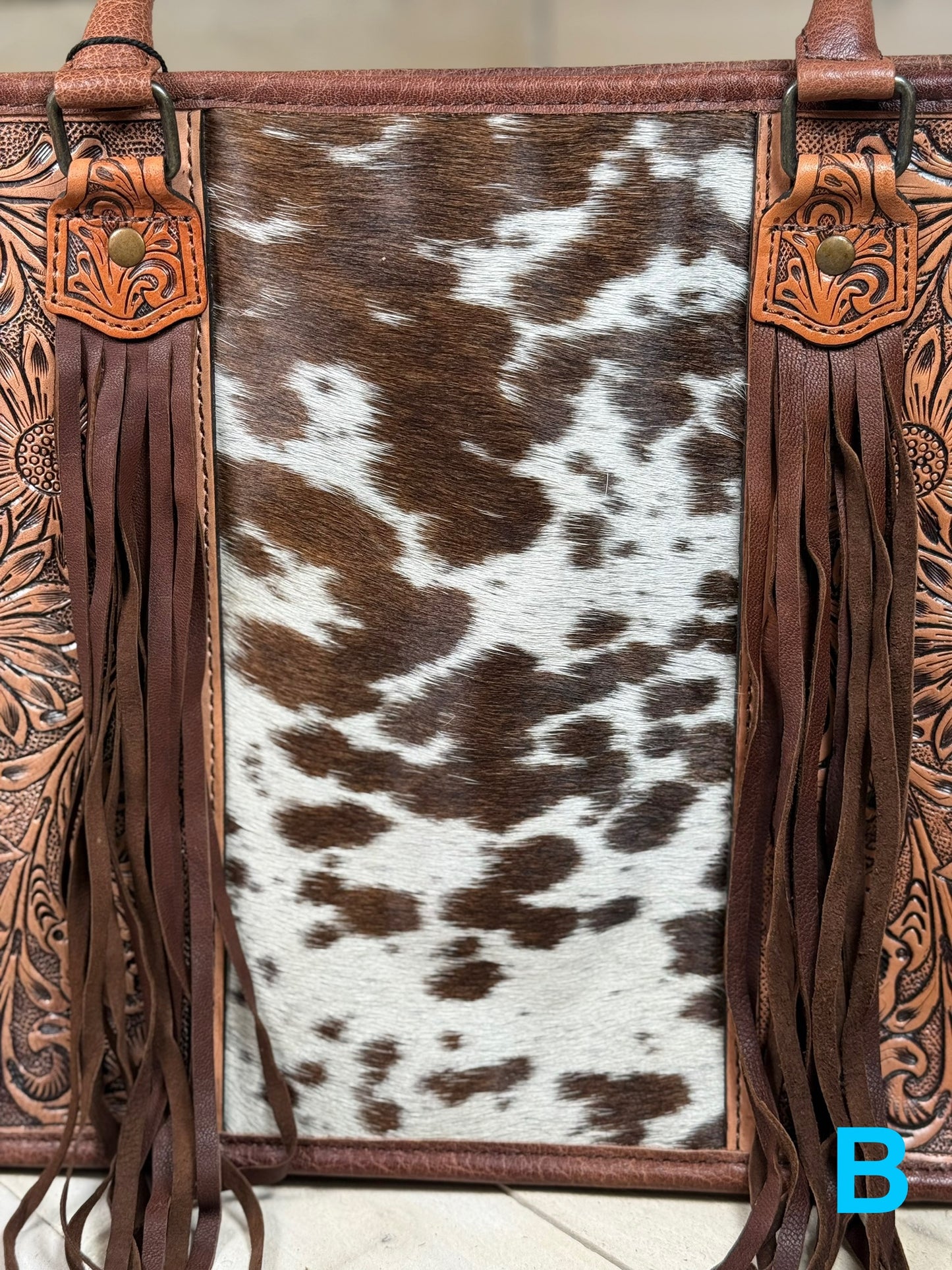 Prescott Brown Pattern Hide Tote with Leather Tooled Sunflowers