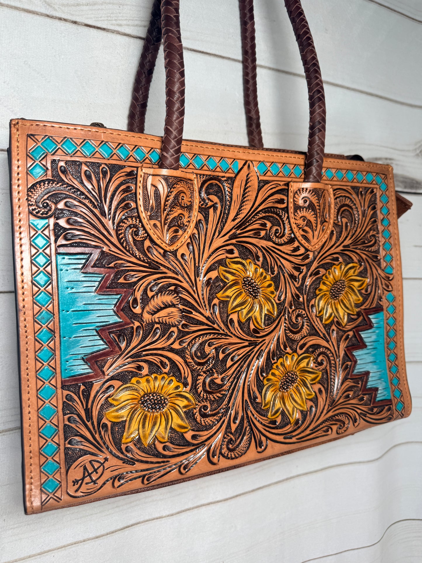 Braided Strap Sunflower Tooled Leather Tote