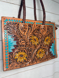 Braided Strap Sunflower Tooled Leather Tote