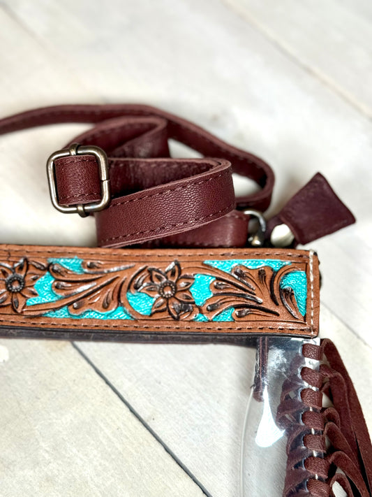 Clear  Painted Teal Inset Floral Fringe Bag