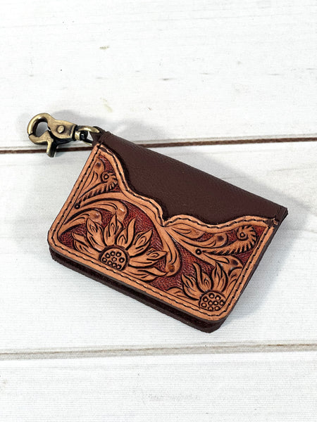 Sunflower Tooled Leather Card Holder Keychain