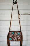 Floral Tooled White Buckstitch and Fringe Crossbody Handbag