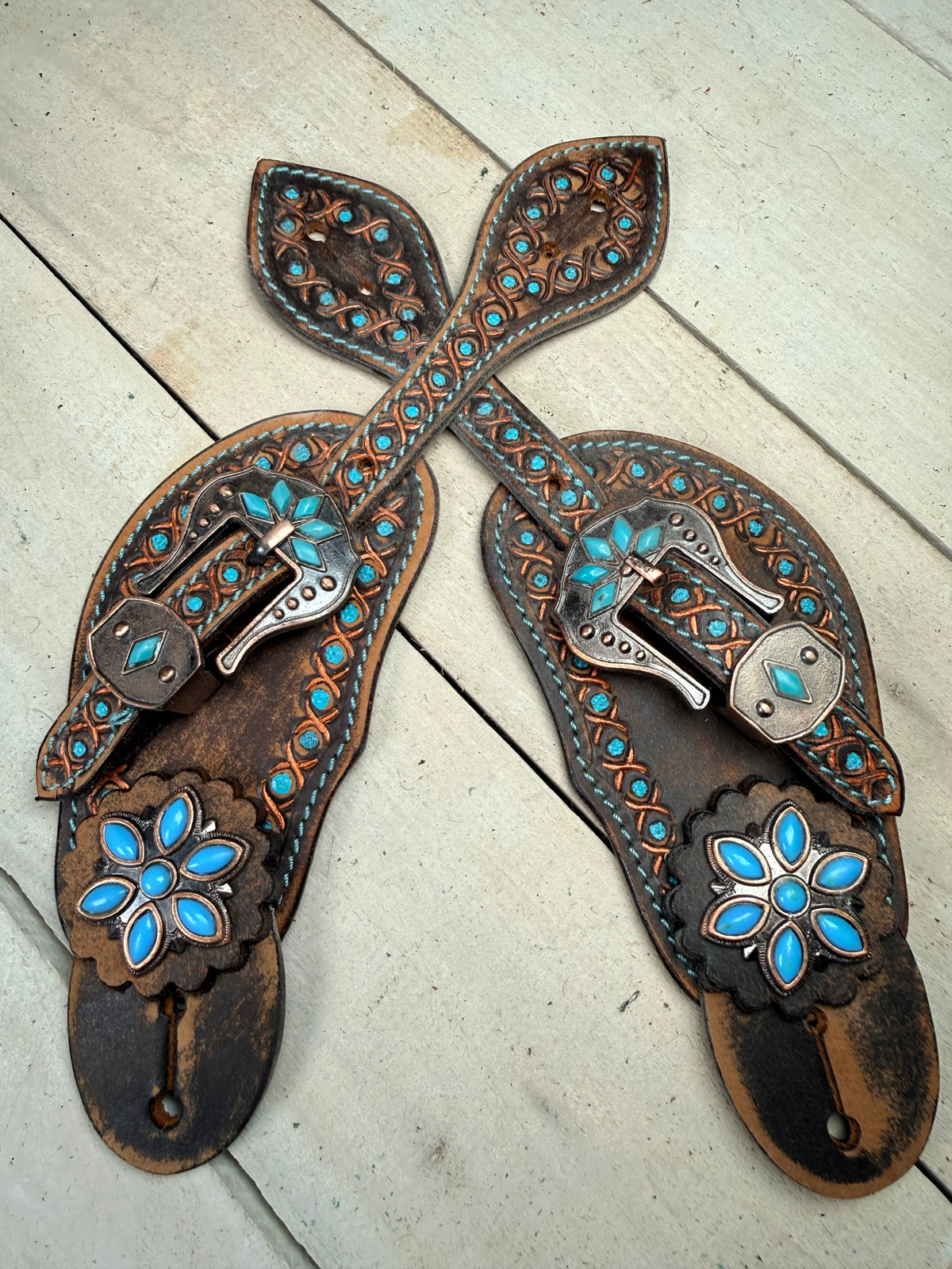 Dark Leather Turquoise Flower Dotted Spur Straps