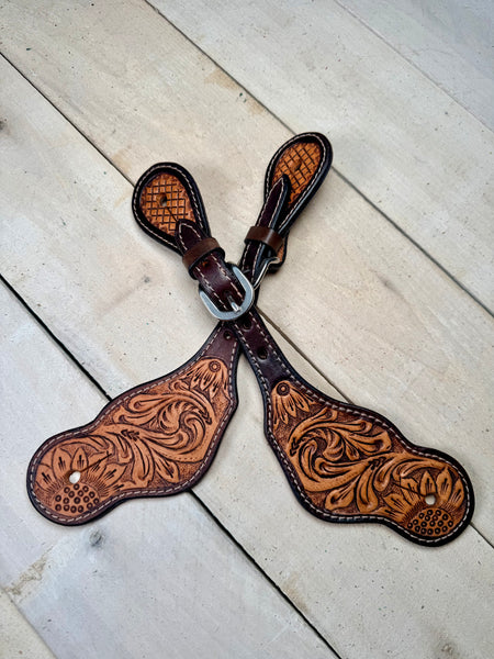 Two Tone Leather Floral Tooled Spur Strap