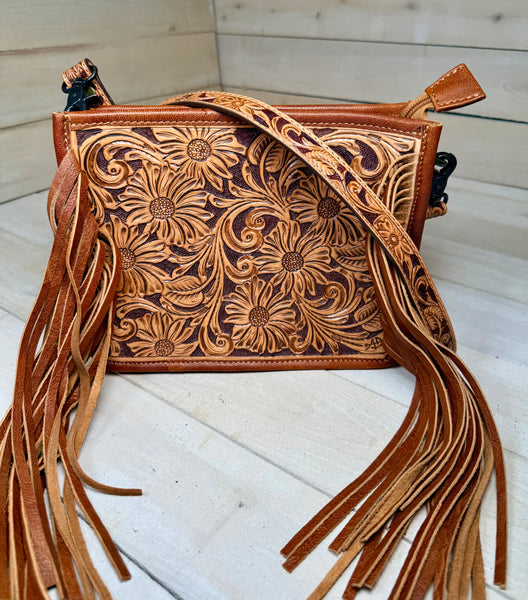 Daisy Tooled Leather with Fringe Crossbody Handbag