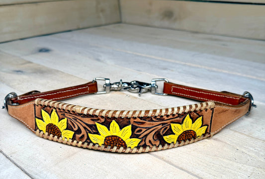 Triple Painted Sunflower Tooled Leather Wither Strap