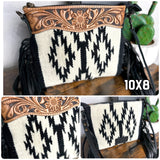Black & Cream Wool Pattern with Leather Tooled Top and Black Fringe