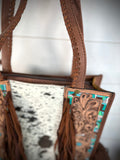 Turquoise Aztec Border Leather Cowhide Fringe Handbag
