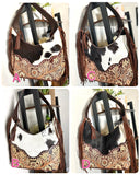 Light and Dark Leather Floral Tooled Cowhide Hobo Handbag