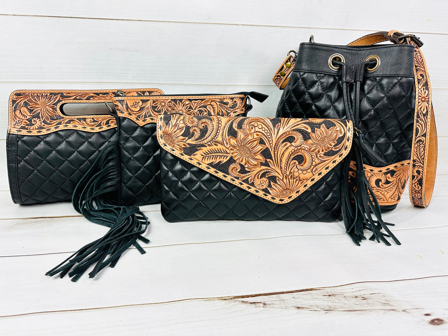 Western Black Quilted Leather Tooled Fringe Purse
