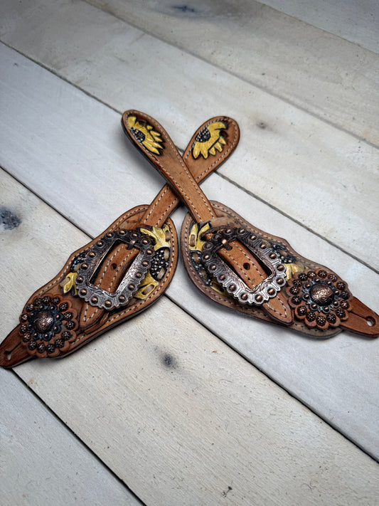 Sunflower Painted Copper Concho Spur Straps