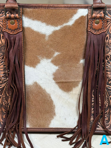 Prescott Light Brown Pattern Hide Tote with Leather Tooled Sunflowers