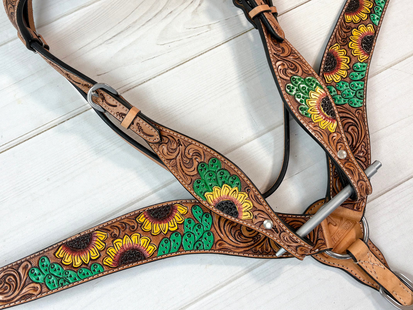 Yellow Sunflower and Green Cactus Tooled Leather Tack Set