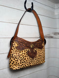 Leopard Hide Leather Tooled Studded Hobo Handbag
