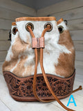 Ranchers Hide & Leather Tooled Band Bucket Handbag