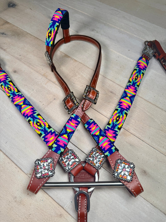 Neon Tribal Beaded Leather Tack Set