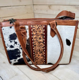 Floral Tooled Buckstitch Cowhide Tote Bag