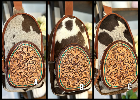 Teal Dotted Cowhide Leather Tooled Sling Bag