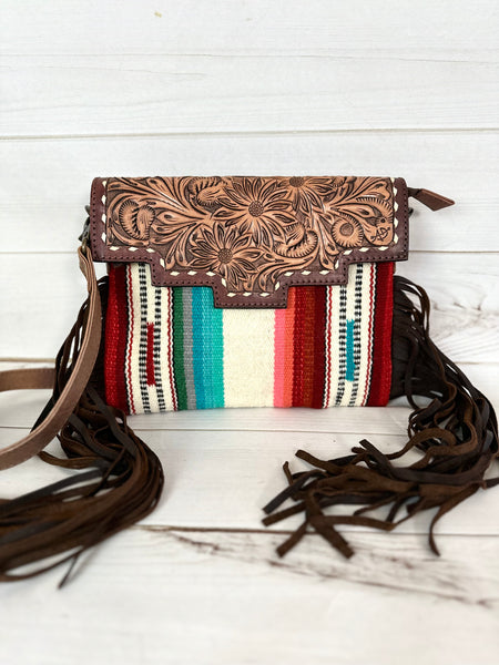Ajo Serape Pattern & Floral Tooled Leather Western Fringe Bag