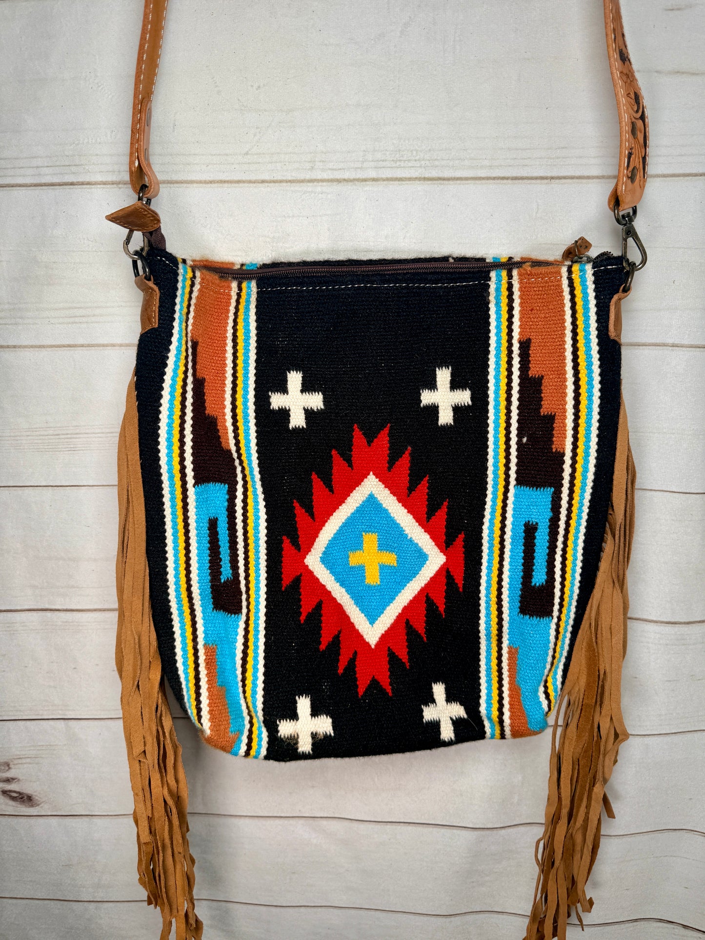Floral Tooled Black, Red and Turquoise Crossbody